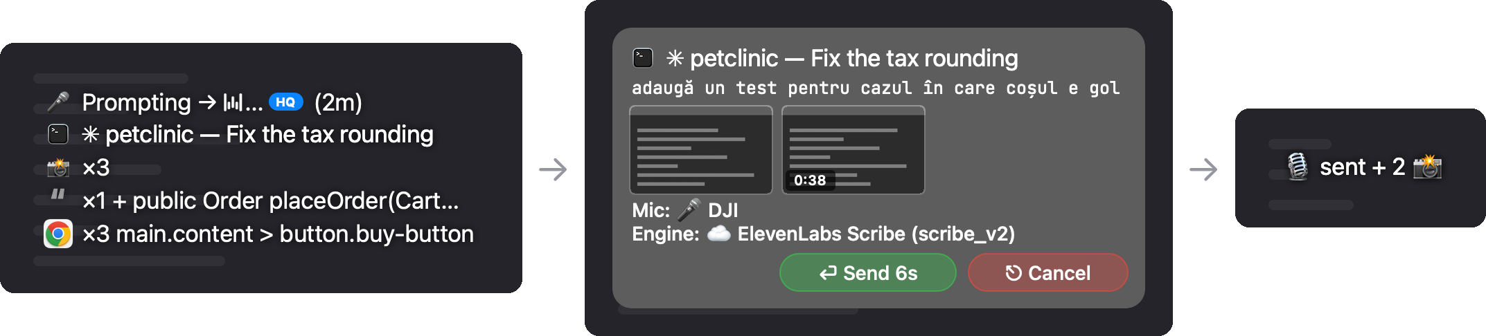 Walkie Talkie gathers screenshots and a selected browser element, then holds the transcribed prompt behind Send and Cancel