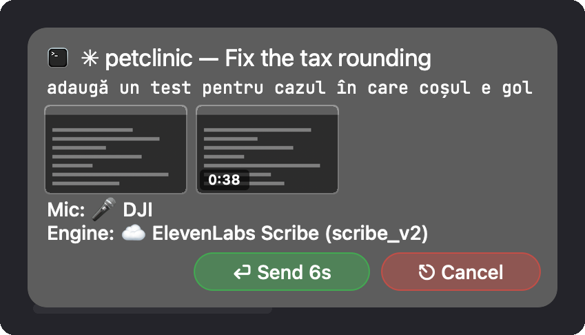 A held prompt showing attached screenshots and the Send and Cancel controls